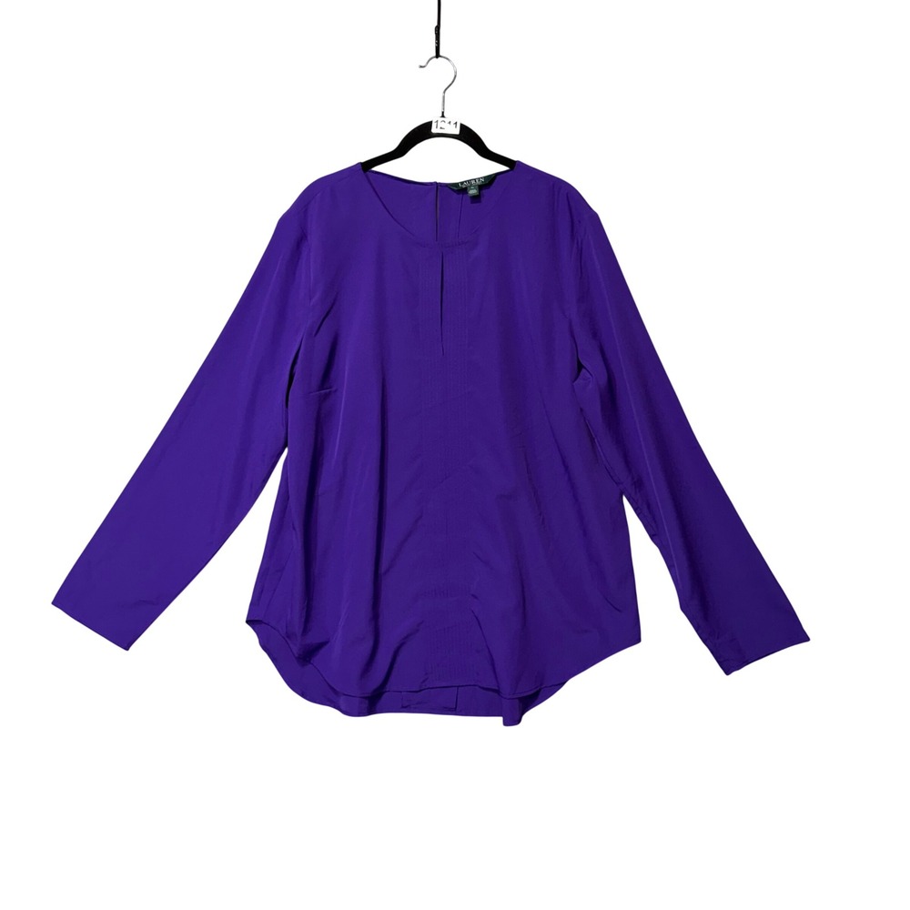 Lauren Ralph Lauren Blouse Women XL Purple Long Sleeve Pleated Front Round Neck